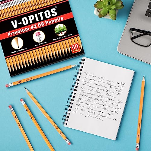 V-Opitos Wood-Cased #2 HB Pencils, 50 Pack Pre-Sharpened Pencils with Top Erasers, Bulk Yellow Pencils for School Teacher Supplies, Writing, Drawing - WoodArtSupply