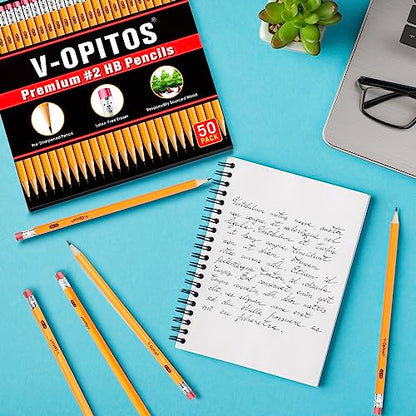 V-Opitos Wood-Cased #2 HB Pencils, 50 Pack Pre-Sharpened Pencils with Top Erasers, Bulk Yellow Pencils for School Teacher Supplies, Writing, Drawing - WoodArtSupply