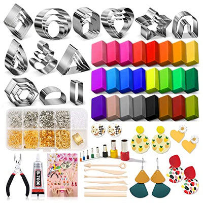 Polymer Clay Earring Making Kit- 30 Clay Earring Cutters, 24 Color Polymer Clay, 8 Circle Cutters, Rollers, B7000 Glue, 640 PCS Earring Making Tools