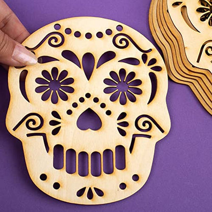 Factory Direct Craft Set of 6 Day of The Dead Sugar Skull Unfinished Wood Cutouts | Blank Skull Shapes for Dia de Los Muertos | Size: 6" x 5" - WoodArtSupply