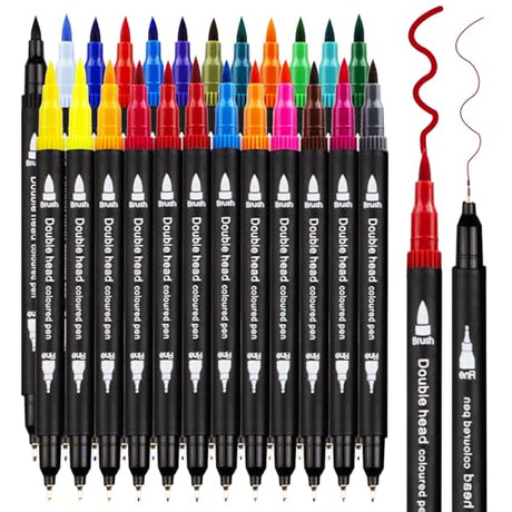 Tommax Art Markers Double Tip Brush Pens, 24Pcs Fine and Brush Pen Markers Set for Kids Adults Artists Painting, Coloring, Sketching, Multicolor Tommax