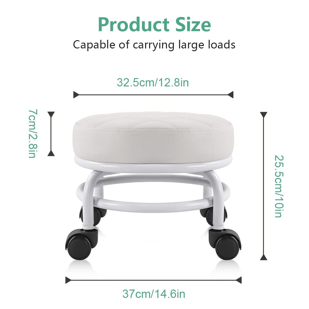 FURWOO Low Roller Seat PU Leather Rolling Stool Step Stool Mechanic Stool on Wheels for Home Office Garage Shop White FURWOO
