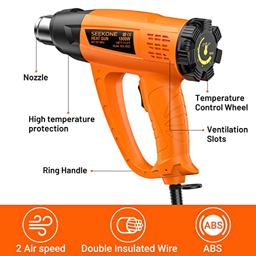 SEEKONE Heat Gun 1800W Heavy Duty Hot Air Gun Kit Variable Temp Control with 2-Temp Settings 7 Accessories 140℉~1112℉（60℃- 600℃）with Overload SEEKONE