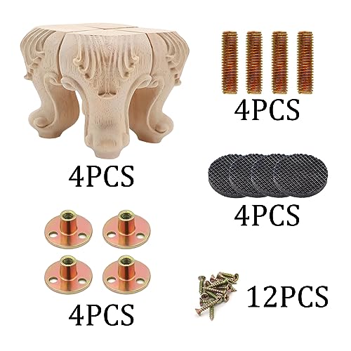 INKNOTE Solid Unfinished Wood Furniture Legs European Style Solid Wood Carving Furniture Replacement Feet for Sofa Cabinet Wardrobe Table Loveseat - WoodArtSupply