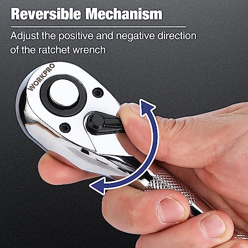 WORKPRO 3-Piece Stubby Ratchet Set, Quick Release Reversible, 1/4", 3/8", 1/2" Drive Mini Ratchet Handle, Small Ratchet Set, Chrome Alloy Made, CR-MO WORKPRO