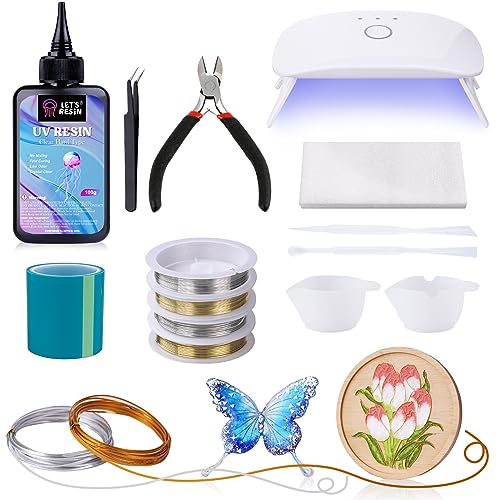 LET'S RESIN UV Resin Kit for Jewelry Making, DIY Multiple Shapes by Bubble Free UV Resin, Jewelry & Flat Aluminum Wires, UV Light, Resin Supplies for