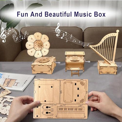 CYAZOO 3in1 3D Wooden Assembly Puzzle Hand Crank Music Box Set Wood Craft Kit-DIY Musical Instrument Model Toy-Home Decoration Best - WoodArtSupply