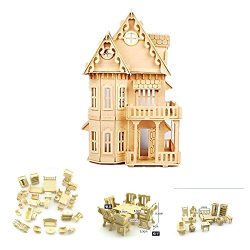 NWFashion 17" Wooden Dream Dollhouse 2 Floors with Furnitures DIY Kits for Christmas Party Dollouse (Gothic Furnitures Sets) NWFashion