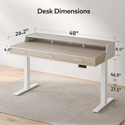 FEZIBO Electric Standing Desk with Drawers, 48x24 Inch Standing Desk Adjustable Height, Stand Up Desk with Monitor Shelf, Sit Stand Home Office Desk, - WoodArtSupply