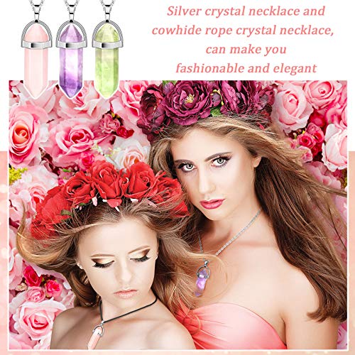 20 Pieces Hexagonal Crystal Necklaces Bullet Shape Gemstone Pendant Necklaces Quartz Stone Chain Necklaces with 20 Inch Chain and 18 Inch Leather Hicarer