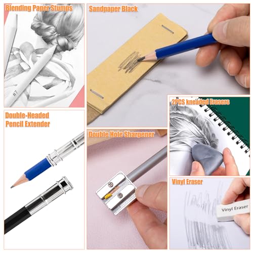 Drawdart Art Supplies Drawing Pencils Set - 76 Pack Pro Sketching Kit with Sketchbook & Watercolor Pad, Includes Graphite, Charcoal, Watercolor & Drawdart