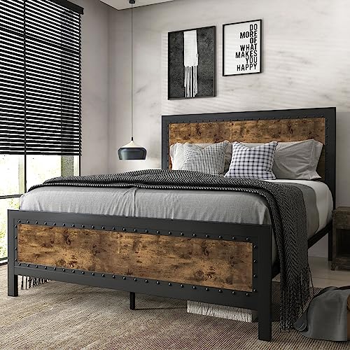 Industrial Grey Metal Queen Bed Frame with Rivet Headboard - SHA CERLIN - WoodArtSupply