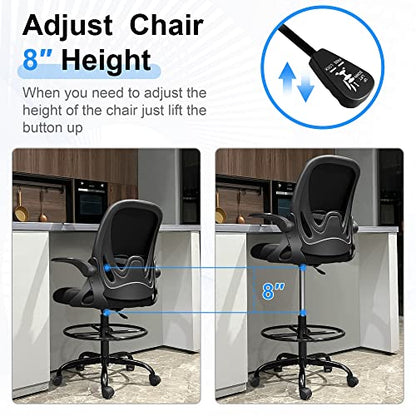 Primy Drafting Chair Tall Office Chair with Flip-up Armrests Executive Ergonomic Computer Standing Desk Chair with Lumbar Support and Adjustable - WoodArtSupply