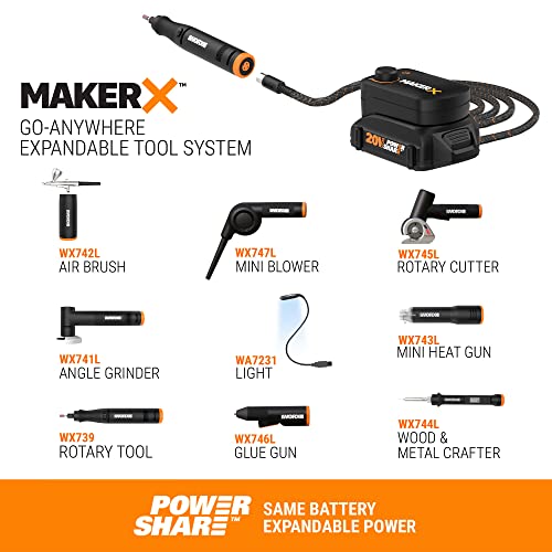 Worx WX996L MAKERX 6 Tool Kit: Rotary Tool, Wood & Metal Crafter, Air Brush, Heat Gun, Grinder and LED Flex Light in Carry Bag - WoodArtSupply