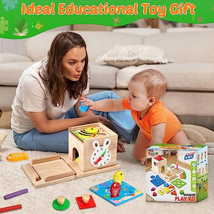 8-in-1 Wooden Montessori Toys for Babies 6-12 Months, Object Permanence Box, Wooden Play Kit for Kids Age 1 2, Coin Box, Shape Sorter, Toddlers