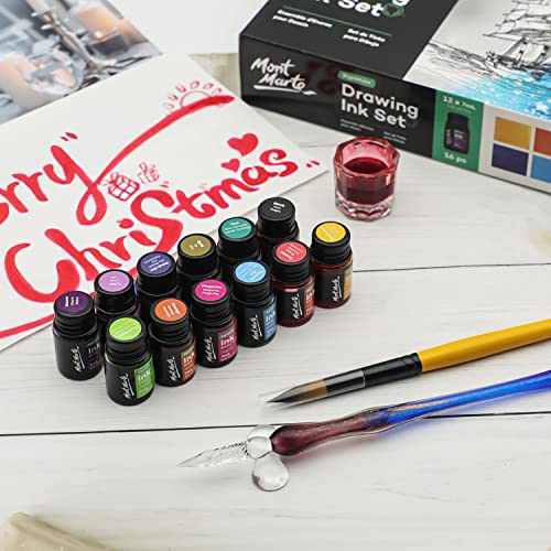 Mont Marte Drawing Ink Kit Signature 16pc, Great Art Set, Includes 12 x 7ml (0.24 US fl.oz) Ink Colours, Glass Dip Pen, Paint Brush, Pen Rest, Ink MONT MARTE