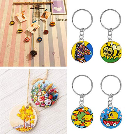 BUYGOO 100Pcs Blank Round-Shaped Wooden Keychain Set, 1.5 inch Unfinished Discs Wooden Circles with 100Pcs Key Rings Personalized Wood Keychain Key BUYGOO