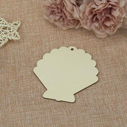 JANOU 20pcs Shell Shape Unfinished Wood Cutouts DIY Crafts Blank Hanging Gift Tags Ornaments with Ropes for Summer Ocean Sea Theme Party Decoration,