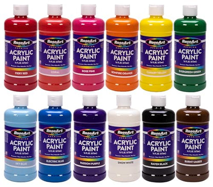 Rose Art acrylic Paint Set – Set of 12 Vibrant Colors in 16oz Bottles