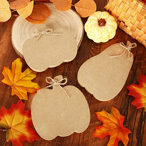 Whaline 6Pcs Fall Pumpkin Wooden Cutouts with Ropes 3 Design Unfinished Pumpkin Shaped Table Wooden Signs for Fall Thanksgiving Halloween Tiered Tray