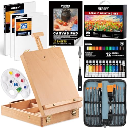 MERRIY 29-Piece Acrylic Paint Set, Painting Supplies Kit with Tabletop Sketch Box Easel, 12 Colors Acrylic Paints,10"x 12" Stretched Canvas,Premium MERRIY