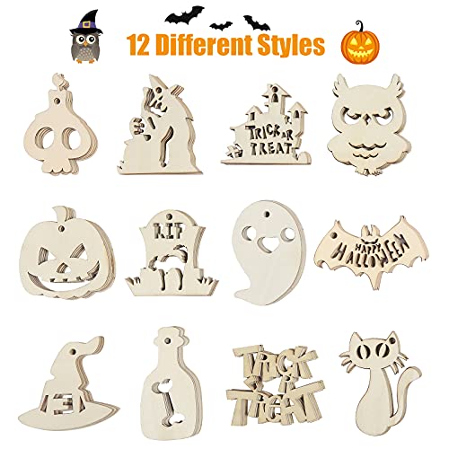 STEFORD 60PCS Halloween Wooden Slices Unfinished Blank Wooden Ornaments DIY Craft Wood Cutouts Hanging Decor with 6PCS Watercolor Pens and 66 Ft Jute