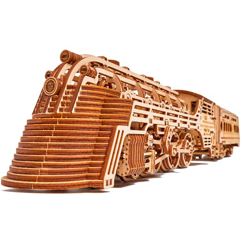 Wood Trick Atlantic Express Train 3D Wooden Puzzles for Adults and Kids to Build - 26.7x4 in - Rides up to 9 ft - Mechanical Locomotive Model Kit for Wood Trick
