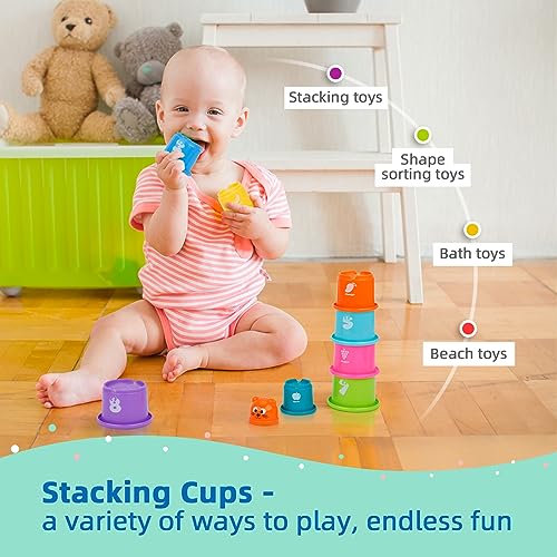 TOOKYLAND Montessori Toys for 1 Year Old, 8 in 1 Learning Educational Set Wooden Toys (Includes Stacking Cups, 3 in 1 Educational Box, Pound Bench,