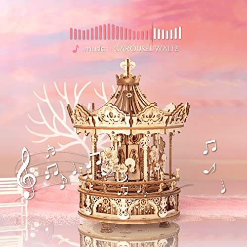 ROKR 3D Wooden Puzzles for Adults Mechanical Music Box Romantic Carousel, DIY Music Box Model Building Kits for Teens, DIY Crafts/Hobbies/Gifts Desk ROKR