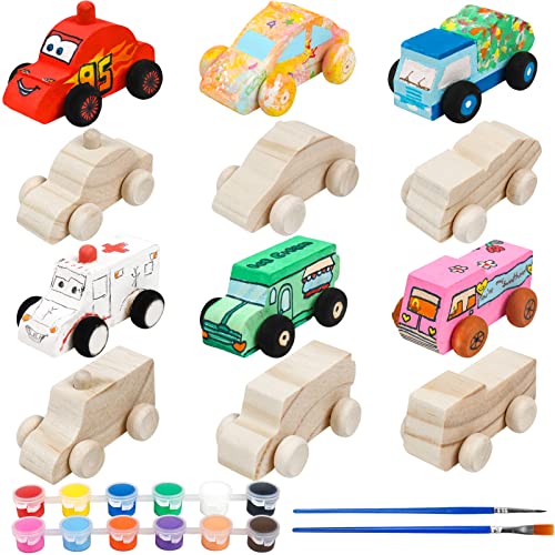 SHAPGEI 12 Pieces Wood DIY Car Toys Unfinished Wooden Cars Paintable Wood Car Blocks Crafts for Students Home Activities Easy Woodworking and Family - WoodArtSupply