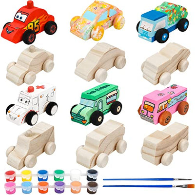 SHAPGEI 12 Pieces Wood DIY Car Toys Unfinished Wooden Cars Paintable Wood Car Blocks Crafts for Students Home Activities Easy Woodworking and Family