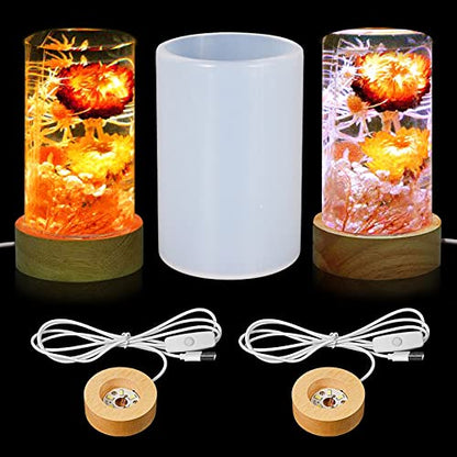 Voaesdk Cylinder Light Resin Mold,LED Silicone Resin Mold with 2 Pcs USB Powered Wooden Lighted Base Stand for DIY Table Crafts Party Wedding Desktop - WoodArtSupply