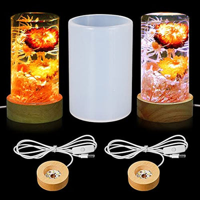 Voaesdk Cylinder Light Resin Mold,LED Silicone Resin Mold with 2 Pcs USB Powered Wooden Lighted Base Stand for DIY Table Crafts Party Wedding Desktop