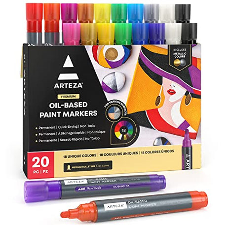 ARTEZA Oil Based Paint Markers, Set of 20 Assorted Colors Permanent Paint Pens, Waterproof Rock Painting, Art and Craft Supplies for Stone, Canvas, ARTEZA