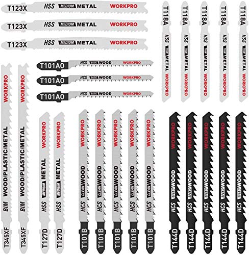 WORKPRO 25-Piece T-Shank Jig Saw Blade Set with Storage Case, Made with HCS/HSS/BIM, Assorted Blades for Wood, Plastic and Metal Cutting - WoodArtSupply