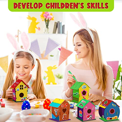 107 Pcs Wooden Birdhouse DIY Kits, Includes 21 Unfinished Wood Mini Bird House 24 Watercolor Pen 50 Bird Butterfly Flower Slices 12 Cute Animal