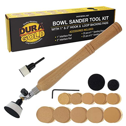Dura-Gold Bowl Sander Tool Kit with 1" & 2" Hook & Loop Backing Pads, 50 Sanding Discs - Dual Bearing Head, Hardwood Handle, 1/4" Mandrel - 60, 80,