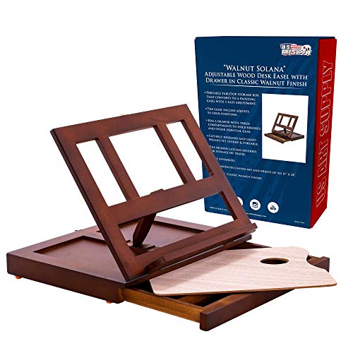 U.S. Art Supply Walnut Solana Adjustable Wood Desk Table Easel with Storage Drawer, Paint Palette, Premium Beechwood - Portable Wooden Artist - WoodArtSupply