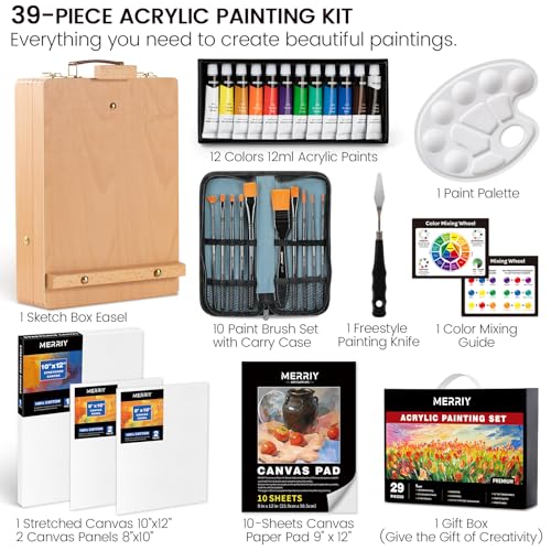 MERRIY 29-Piece Acrylic Paint Set, Painting Supplies Kit with Tabletop  Sketch Box Easel, 12 Colors Acrylic Paints,10x 12 Stretched  Canvas,Premium