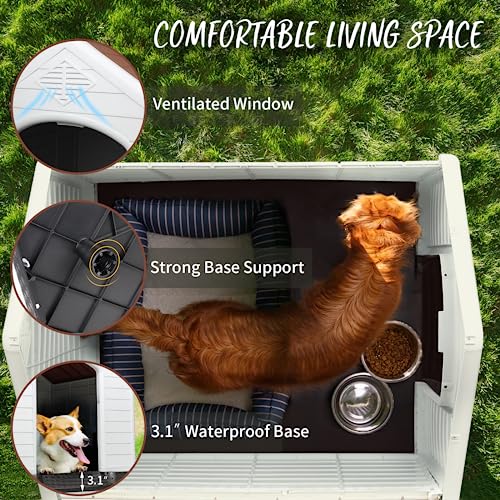 PUKAMI Plastic Dog House Outdoor Indoor,Durable Dog House for Small Medium Large Dogs,Waterproof Dog Houses with Elevated Floor and Air - WoodArtSupply