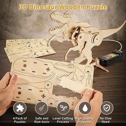 Dinosaur STEM Kits for Kids Ages 6-8-10-12, 4 in 1 Stem Projects, Wood Building Toys for Boys Age 8-12, Build It Yourself Woodworking Kit, DIY 3D