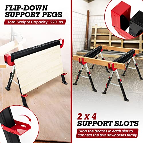 Goplus Saw Horses 2 Pack Folding, Heavy Duty Steel Sawhorse w/24”-32.5” Adjustable Height, 2x4 Supporting Arms, 2600LBS Capacity, Support Pegs, Goplus