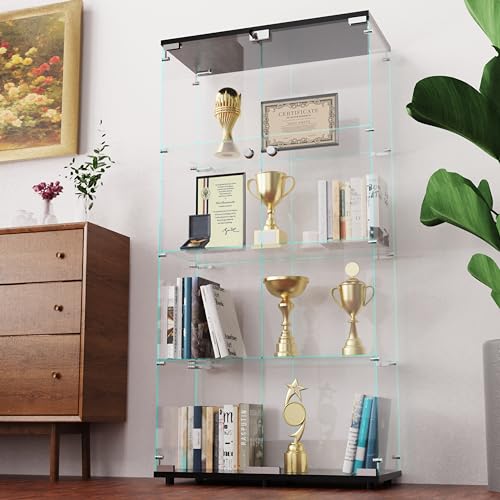 Dolonm Glass Display Cabinet 4 Shelves with 2 Doors, 5mm Tempered Glass Curio Cabinet, Floor Standing Curio Bookshelf, Glass Display Case for Living