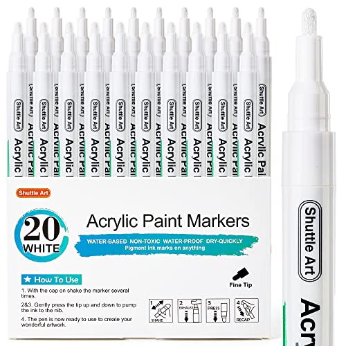 Shuttle Art White Paint Pen, 20 Pack Fine Tip Acrylic Paint Pens, Water-Based Quick Dry Paint Markers for Rock, Wood, Metal, Plastic, Glass, Canvas,