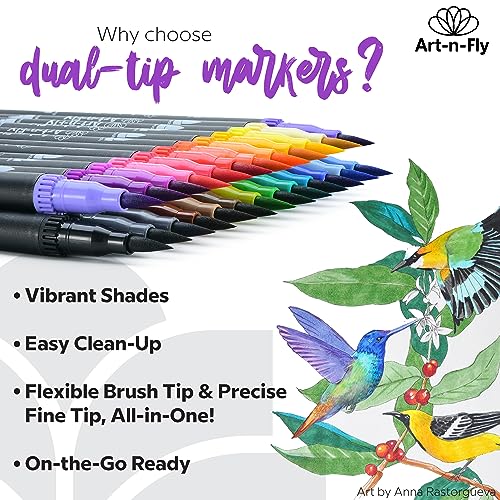 Dual Tip Brush Pens Set - 25 Adult Colored Markers for Calligraphy, Drawing, Jou