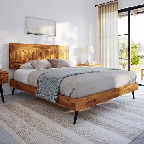 Bme Georgina Signature Bed Frame with Handcrafted Geometric Headboard, Mid Century Modern, Solid Acacia Wood, No Box Spring Needed, 12 Strong Wood