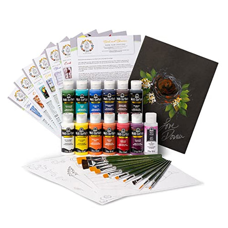 FolkArt Birds & Blossoms 2 oz One Stroke Acrylic Kit, 32 Piece Set Including 12 Multi-Surface Paints, 10 Brushes, 6 Teaching Guides, 3 Pattern Sheets FolkArt