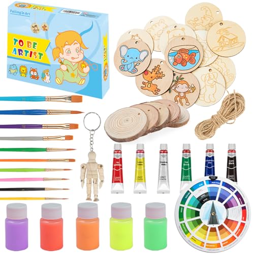 Falling in Art 40 Pcs Acrylic Paint Set for Kids, DIY Wooden Slices Kit with 6 Acrylic Paints, 5 Glow Paints, 10 Paintbrushes, and 12 Wooden Slices,