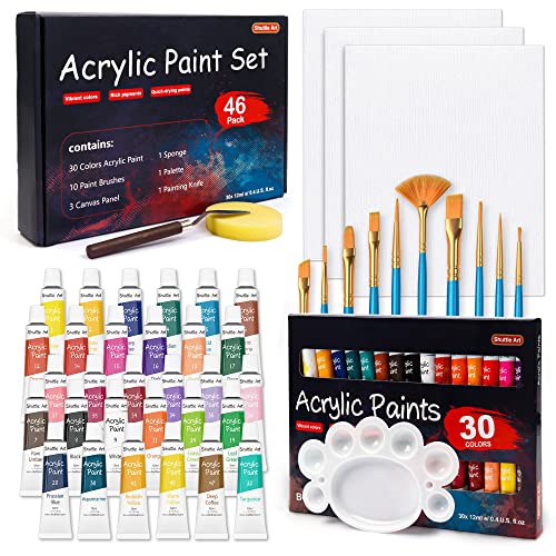 Shuttle Art 46 Pack Acrylic Paint Set, 30 Colors Acrylic Paint with 10 Paint Brushes 3 Painting Canvas 1 Paint Knife Palette Sponge, Complete Gift Shuttle Art