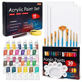 Shuttle Art 46 Pack Acrylic Paint Set, 30 Colors Acrylic Paint with 10 Paint Brushes 3 Painting Canvas 1 Paint Knife Palette Sponge, Complete Gift Shuttle Art